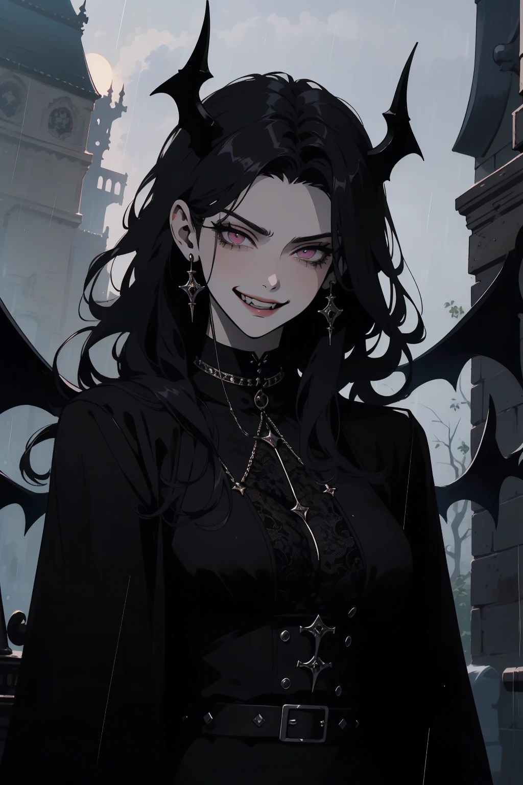 (outside, scary castle, raining, evening, soft light, dim lit, moody vibe, horror \(theme\), ), (insanely detailed, beautiful detailed face, masterpiece, best quality), 1girl, succubus, demon girl, mature female, black hair, pink eyes, grin, smirk, demon horns, black tail, black demon wings, whole body, walking on the ground