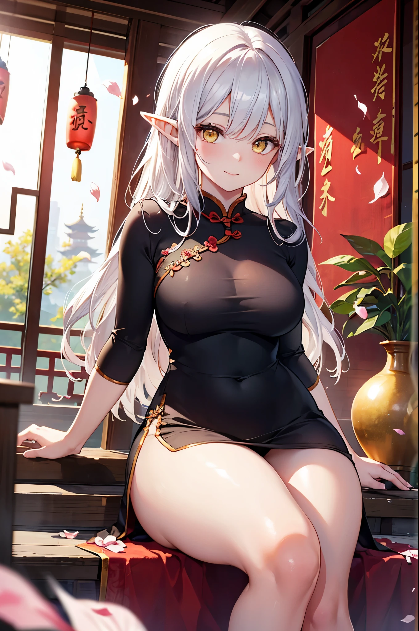 realistic image, coherent image, detailed image, 1 beautiful elf. She has silver hair, long hair. Yellow eyes, long eyelashes. Her face is oval and delicate. Smiling. She wears a red Cheongsam, side slits. She has a curvy body, medium breasts and thick thighs. Chinese temple, flower petals falling around. ambient light, volumetric light,