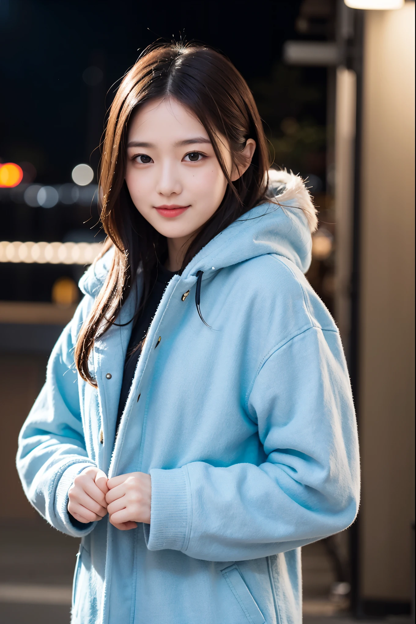 (masterpiece, highest quality, beautiful girl, cute face:1.2), (Eyebrows and smiles when you are in trouble, upward glance:1.2), 8K, official art, Raw photo, disorganized, Wear warm clothes to go out on the town in the cold season, view audience, thin, teen, face light, film grain, chromatic aberration, sharp focus, dynamic lighting, cinematic lighting, blue duffel coat, background is blurry, upper body photo