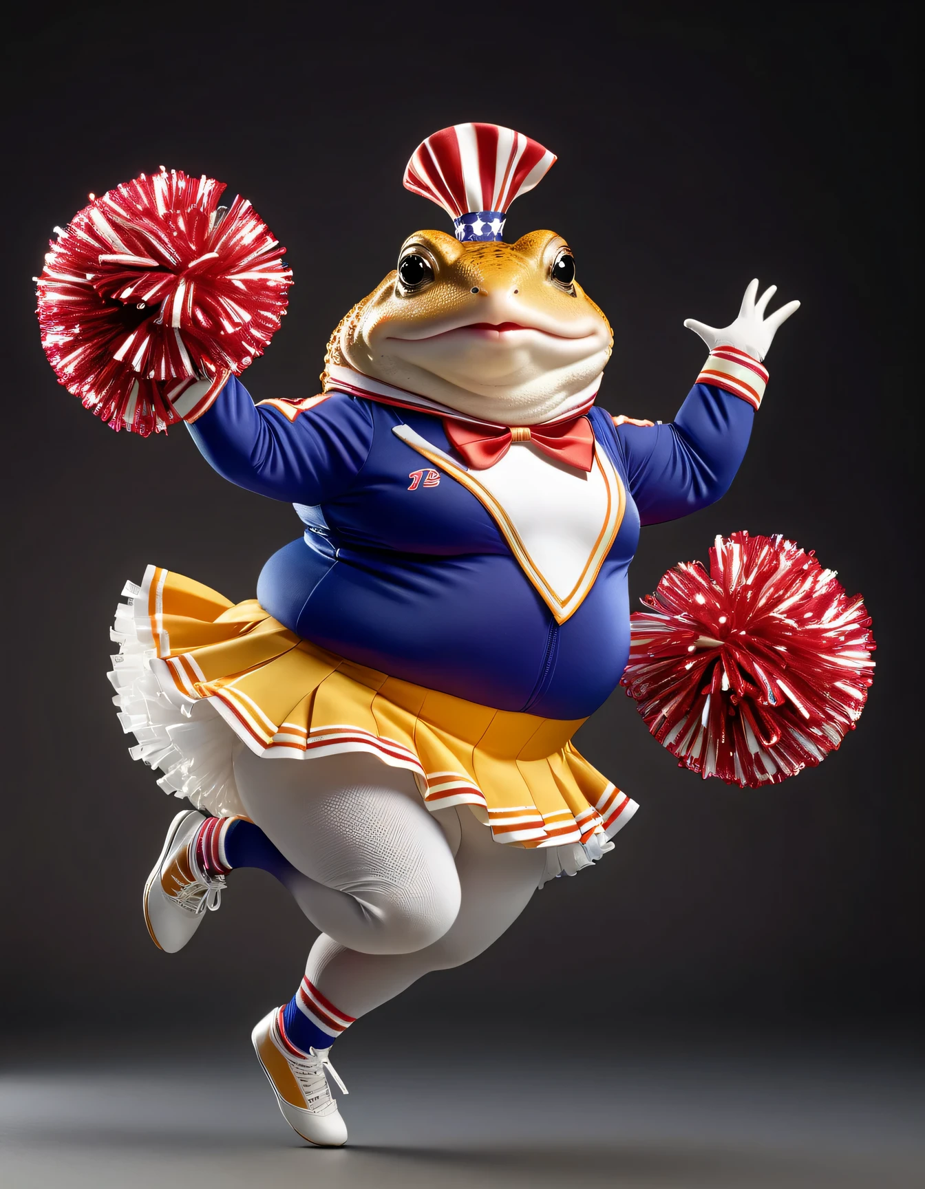 photorealistic portrait of Dressed animals - a ((fat)) toad cheerleader,(cheer dancing:2.0),(dynamic jumping pose:2.0), high quality,(lovely) ,intricate details, highly detailed ((cheer costume)) ,highly detailed cheer clothes, holding pom-pom ,() , highly detailed decorations, (happy), studio lighting,(full body image:1.5)