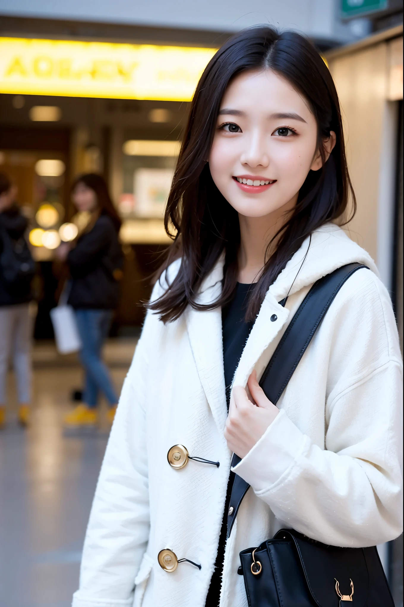 (masterpiece, highest quality, beautiful girl, cute face:1.2), (Eyebrows and smiles when you are in trouble, upward glance:1.2), 8K, official art, Raw photo, disorganized, Wear warm clothes to go out on the town in the cold season, view audience, thin, teen, face light, film grain, chromatic aberration, sharp focus, dynamic lighting, cinematic lighting, blue duffel coat, background is blurry, upper body photo