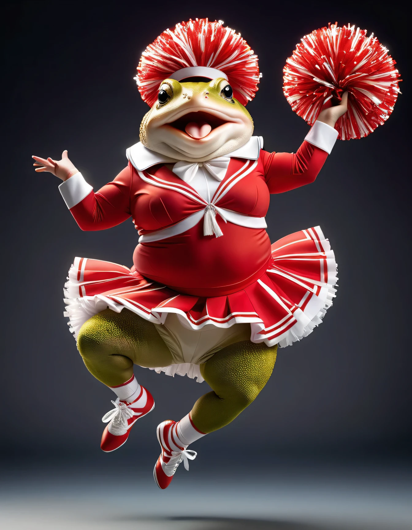 photorealistic portrait of Dressed animals - a ((fat)) toad  cheerleader,(cheer dancing:2.0),(dynamic jumping pose:2.0), high quality,(lovely) ,intricate details, highly detailed ((cheer costume)) ,highly detailed cheer clothes, holding pom-pom ,() , highly detailed decorations, (happy), studio lighting,(full body image:1.5)