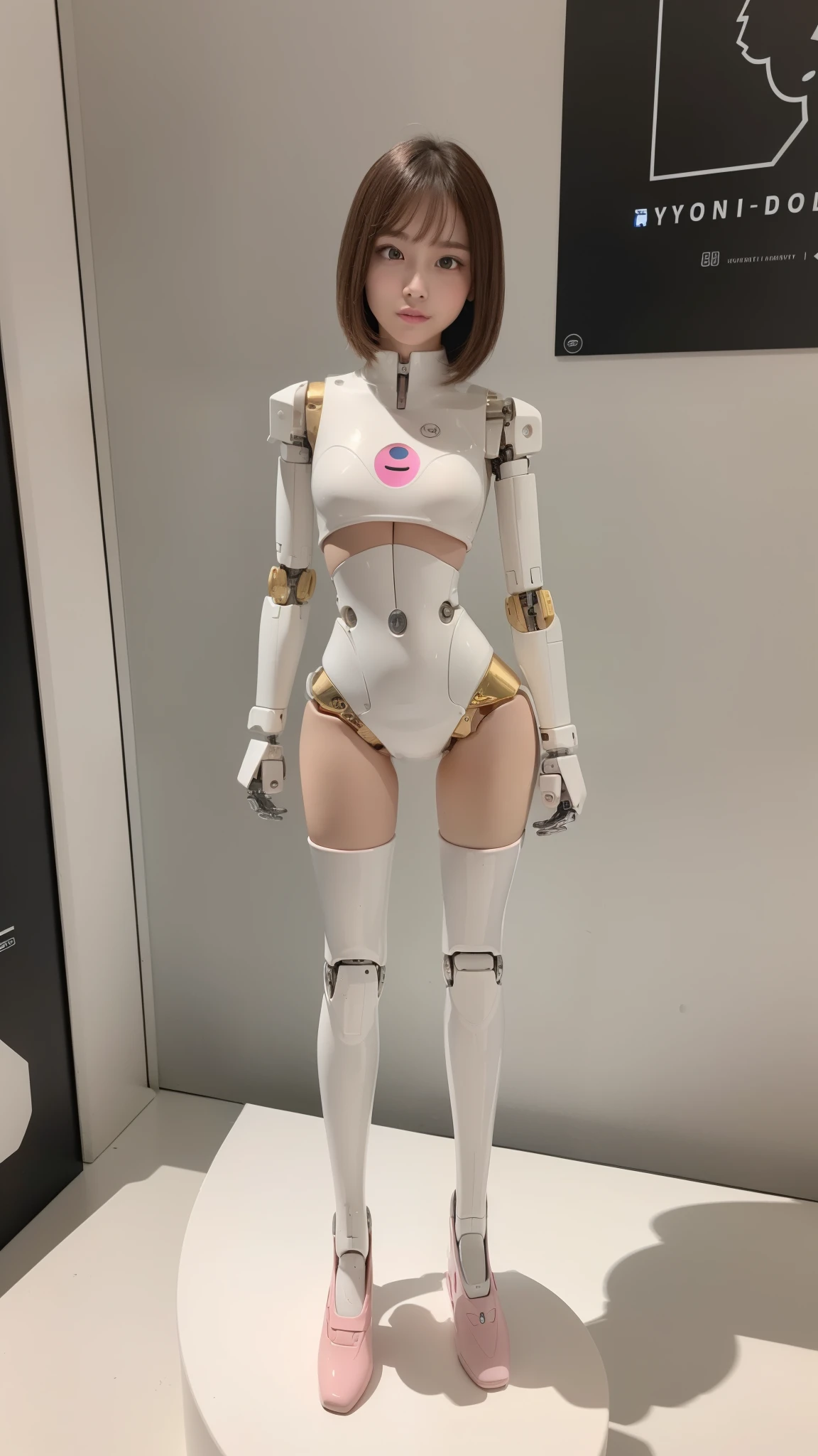 (Photorealsitic:1.4)、one robot woman、(top-quality)、(hyperdetailed face)、(Super well-formed face)、(Robot Parts)、(Female-Robot)、(25 years-old)、(White)、(pink there)、(gold)、(metallic)、(full-body)、(sexy pose)、(Slender body)、(Model body type)、(full body mech)、(mechanical exposure)、(Akihabara)、(is looking at the camera)、(A brown-haired)、(Well-proportioned body)、(a small face)、(a small head)、(well-groomed fingers)、(Idol)、(front facing)、(Standing with legs open)、(Photo session)、(Looks sad)、(perfect-female-robot)、(perfect-mechanical-body)