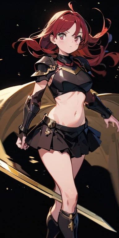 (masterpiece), (highest quality), (beautiful eyes and face), (perfect female body),hollow eyes 1 girl, alone, red hair,, brown eyes,big breasts,
Black armor,devil&#39;s armor,wing,belly button,abdomen, Uplifting,swing a sword,hold a sword,
black background,under the stars