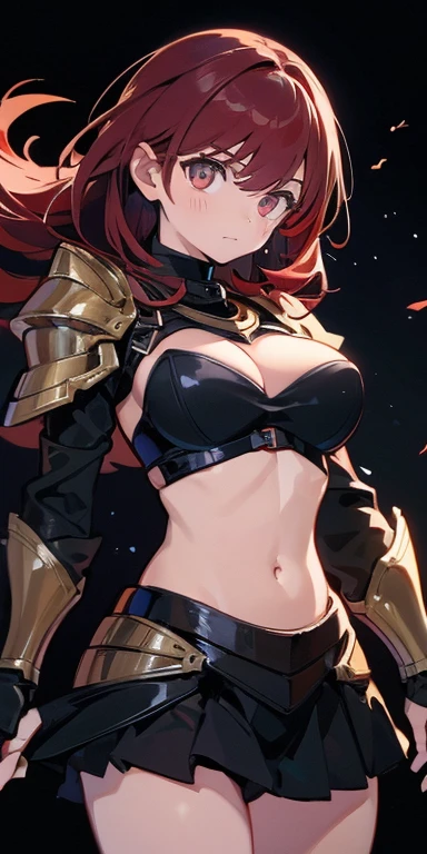 (masterpiece), (highest quality), (beautiful eyes and face), (perfect female body),hollow eyes 1 girl, alone, red hair,, brown eyes,big breasts,
Black armor,devil&#39;s armor,wing,belly button,abdomen, Uplifting,swing a sword,hold a sword,
black background,under the stars