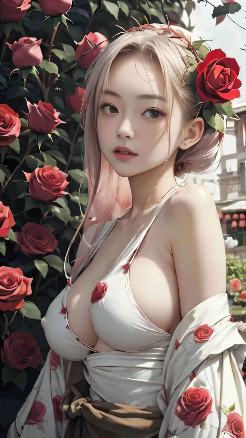 (((masterpiece))),((highest quality)),one beautiful japanese girl,pale, (A character who personifies a rose: 1.5), (Her hair is a thorny rose stem:1.5)、(:1.5)、(belly button)、(cls made from rose leaves:1.5)),(private server), (exposure of skin),(The background is a garden:1.5).(((from the front:1.5)))、(straight 1.5)、(Thorny rose stems wrap around the body:1.5)、Lie:1.5)、