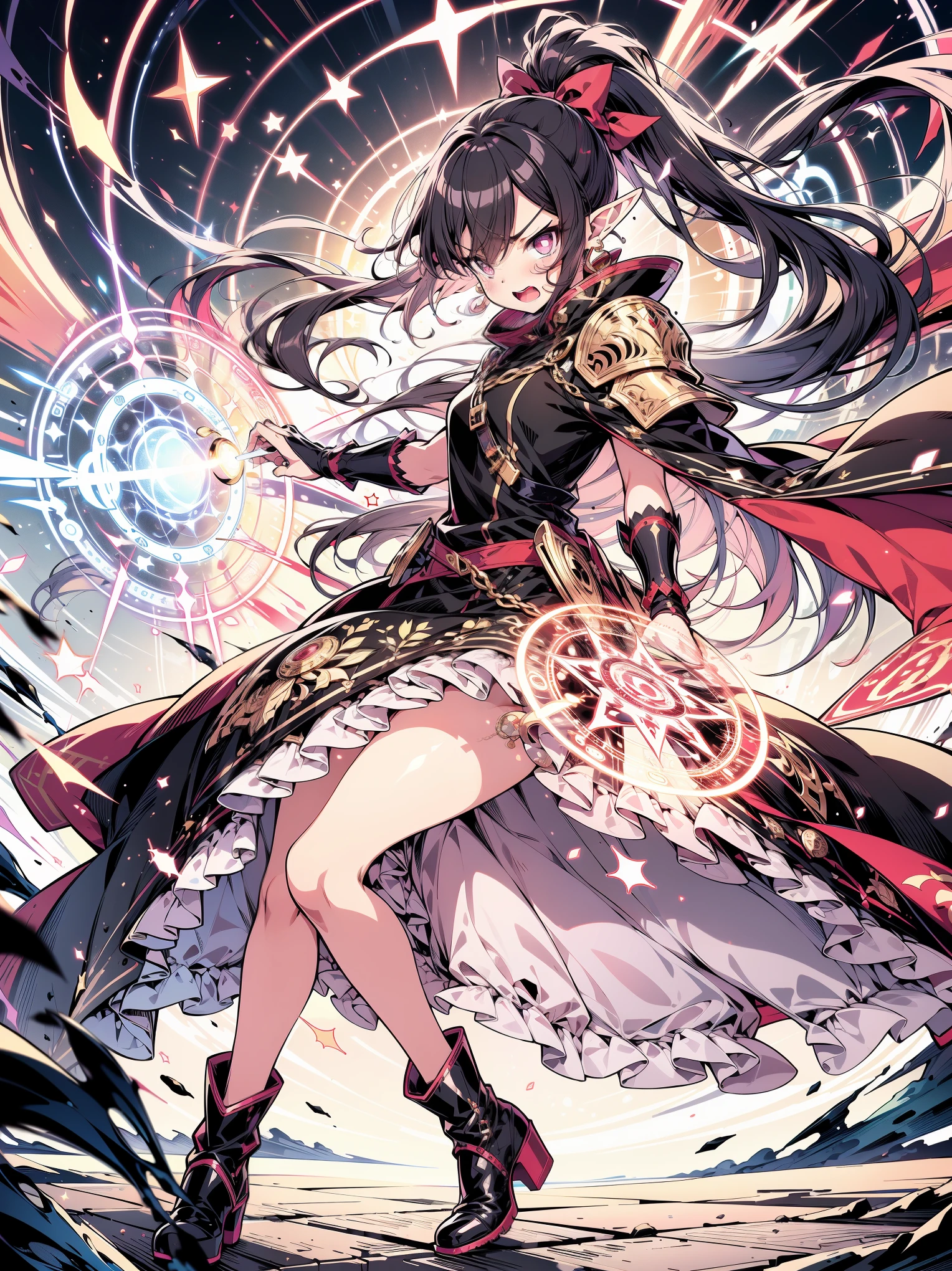 (masterpiece), side view, (best quality, ultra-high resolution, depth of field:1.2), (perfect anatomy), Fair skin, Elf girl, pink eyes, black hair in a hime hairstyle, ponytail, pink bow, gold earrings, armor, (golden armor), (long skirt:1.2), frills, high thighs boots, cape, (medieval battlefield scenery), casting a magic spell, (magic circles), (angry), open mouth