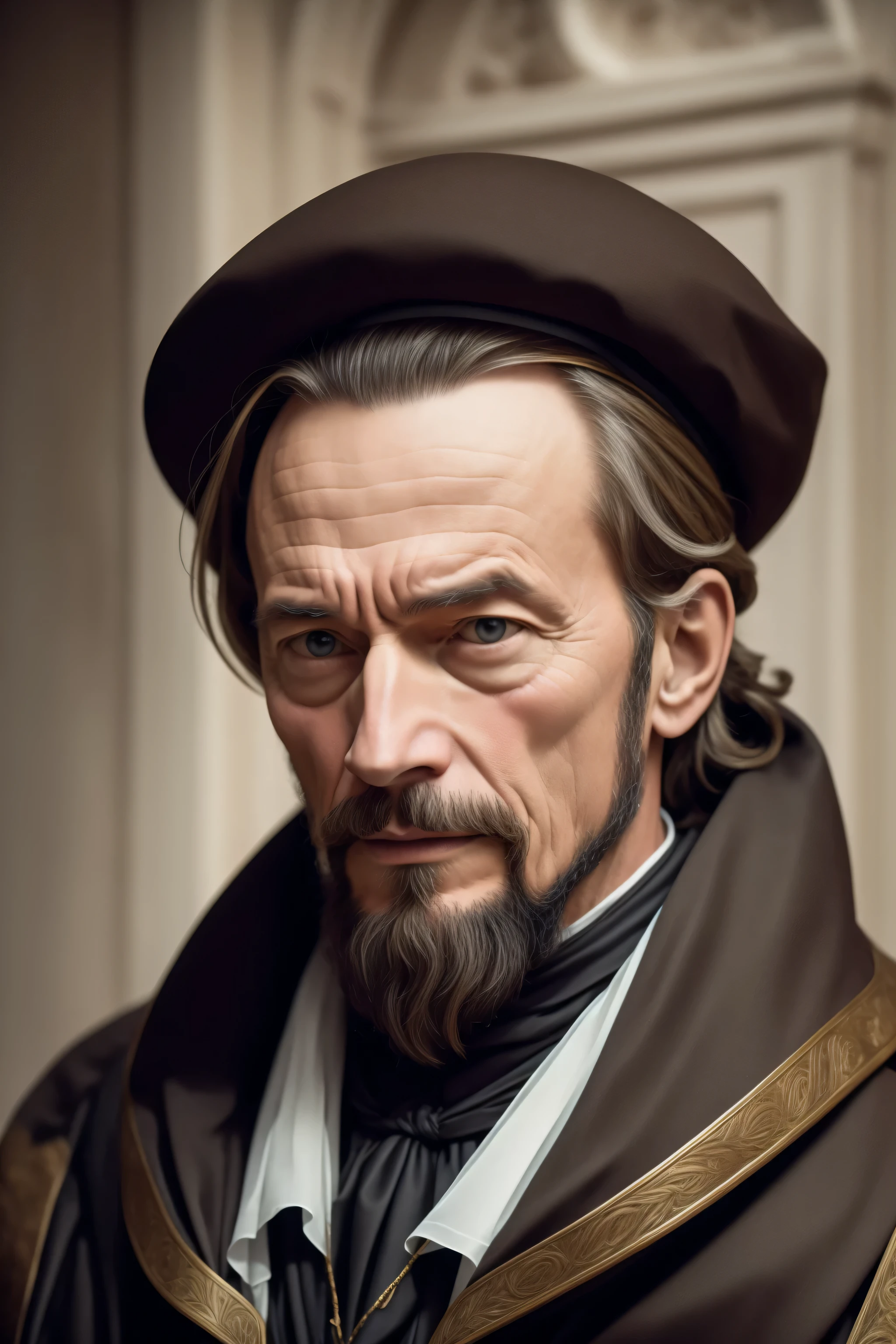 "Realistic and convincing portrait of John Calvin, o influente reformador religioso."