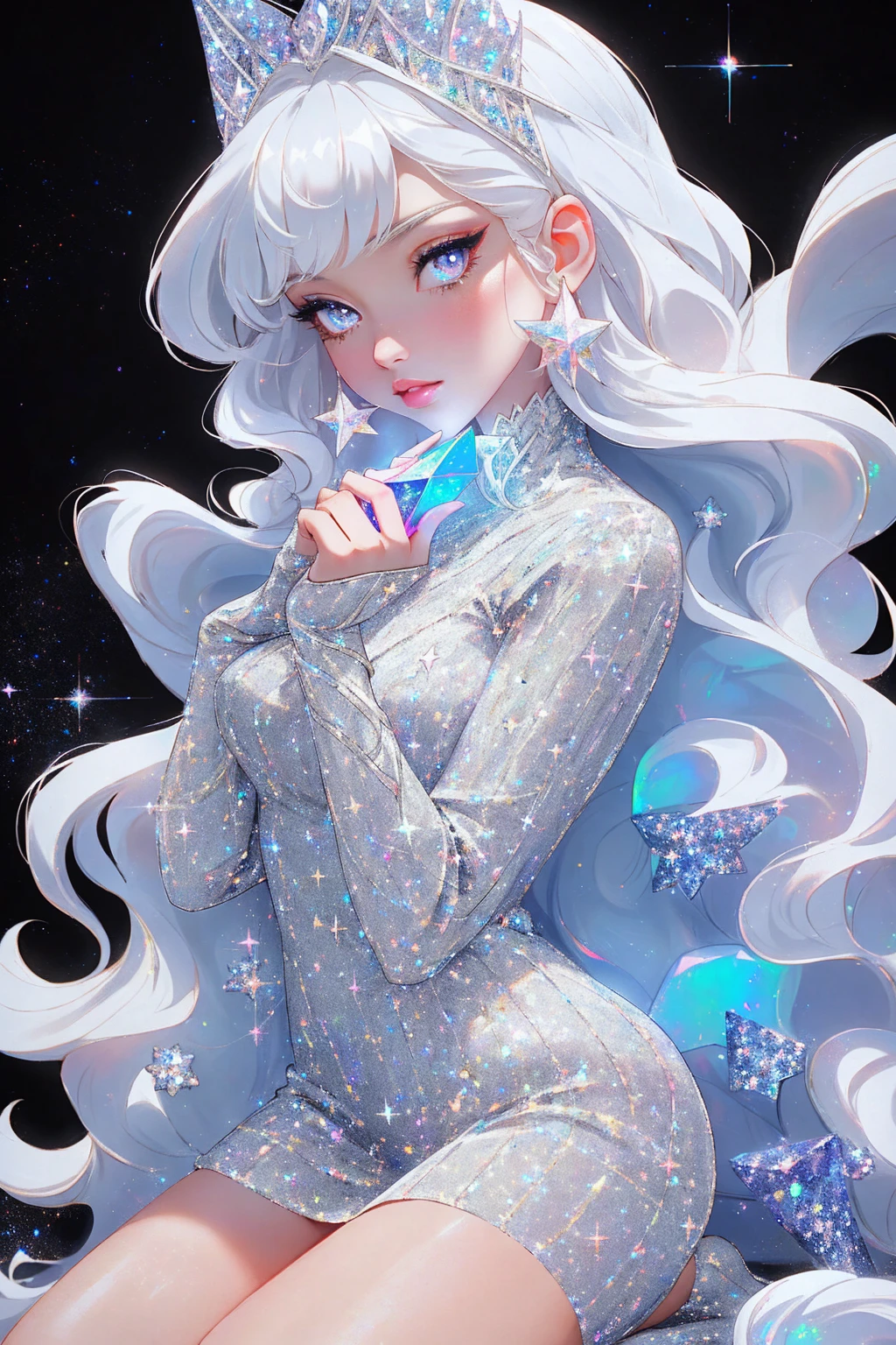 {-erro_de_anatomia:1.0} masterpiece, highest quality, (perfect face:1.1, (high detail)1.1, sweet stardust vampire , long soft white hair, opal eyes, perfectly drawn face, black dress, stars detailed background, prismatic lighting, glitter, whole bod., Very sexy, kneeling holding a crystal star in her hands