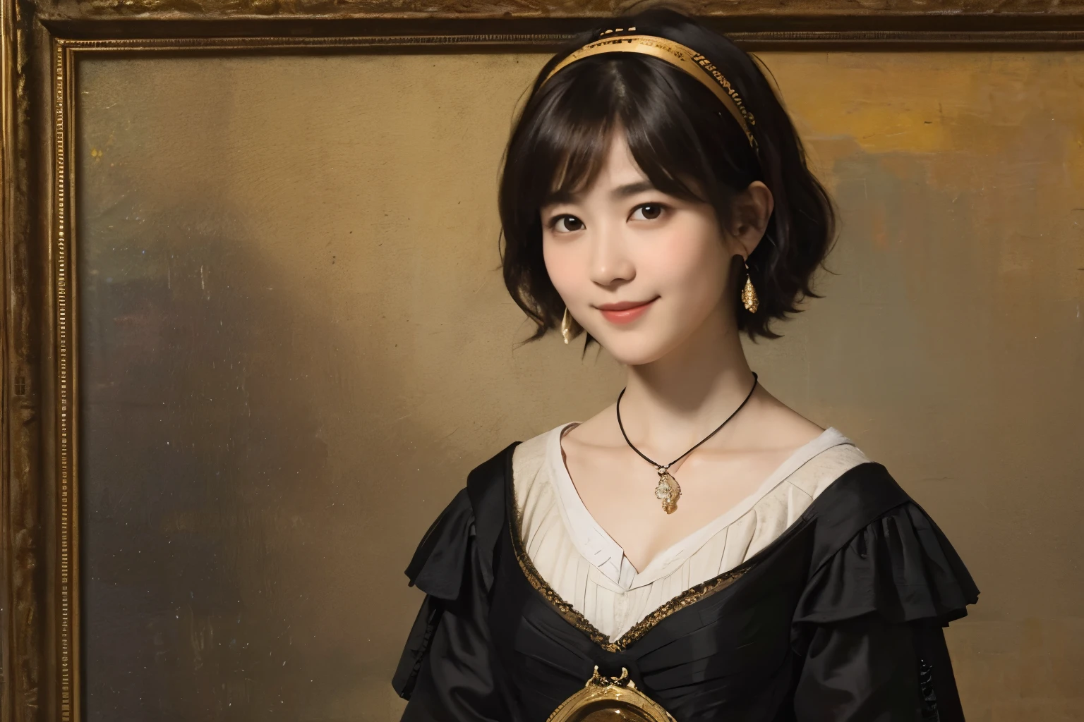 185 short hair, 20 year old female, gentle smile, (rembrandt style painting), (chest:1.46), long skirt
