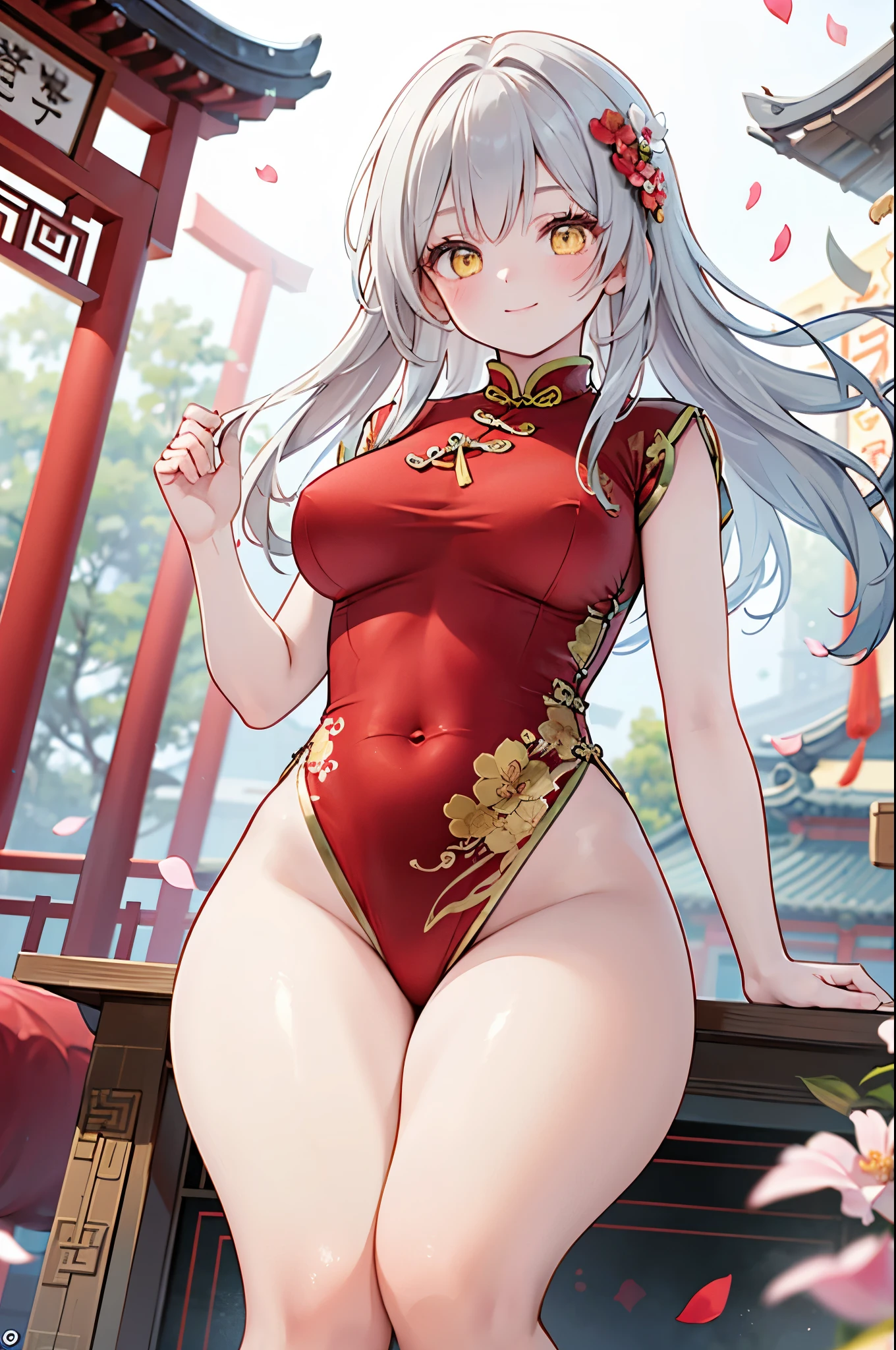 realistic image, coherent image, detailed image, 1 beautiful girl. She has silver hair, long hair. Yellow eyes, long eyelashes. Her face is oval and delicate. Smiling. She wears a red Cheongsam, side slits. She has a curvy body, medium breasts and thick thighs. Chinese temple, flower petals falling around. ambient light, volumetric light,