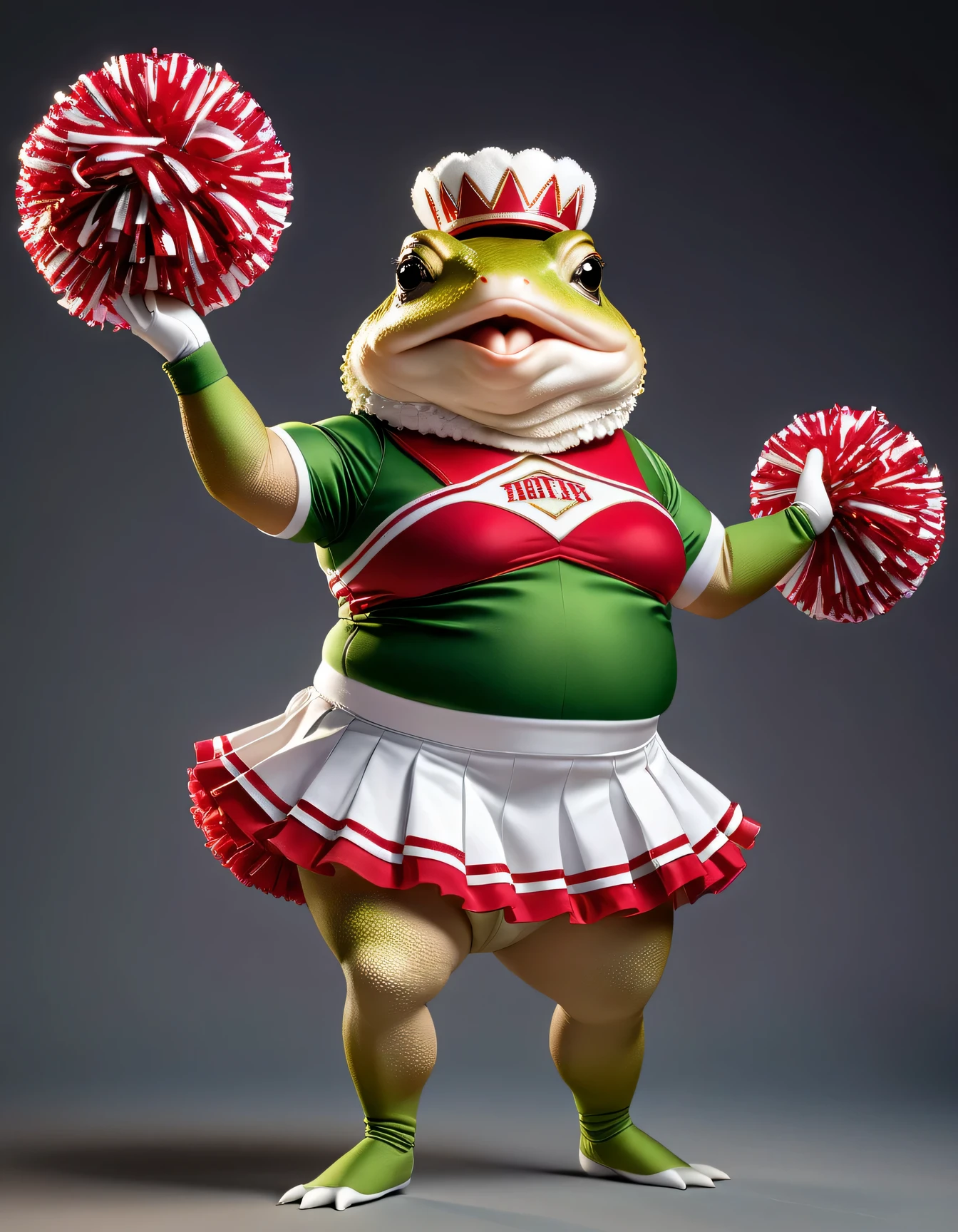 photorealistic portrait of Dressed animals - a ((fat)) toad  cheerleader( cheer dancing:2.0),(dynamic action pose:1.5), high quality,(lovely) ,intricate details, highly detailed ((cheer costume)) ,highly detailed cheer clothes, holding pom-pom  , highly detailed decorations, (passion), studio lighting,(full body image:1.5)