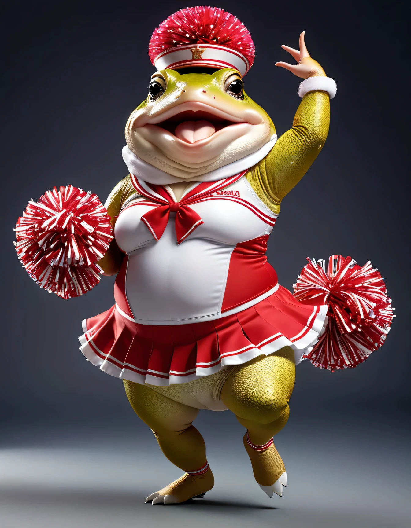 photorealistic portrait of Dressed animals - a ((fat)) toad cheerleader,(cheer dancing:2.0),(dynamic action pose:1.5), high quality,(lovely) ,intricate details, highly detailed ((cheer costume)) ,highly detailed cheer clothes, , toad skin, highly detailed decorations, (passion), studio lighting,(full body image:1.5)