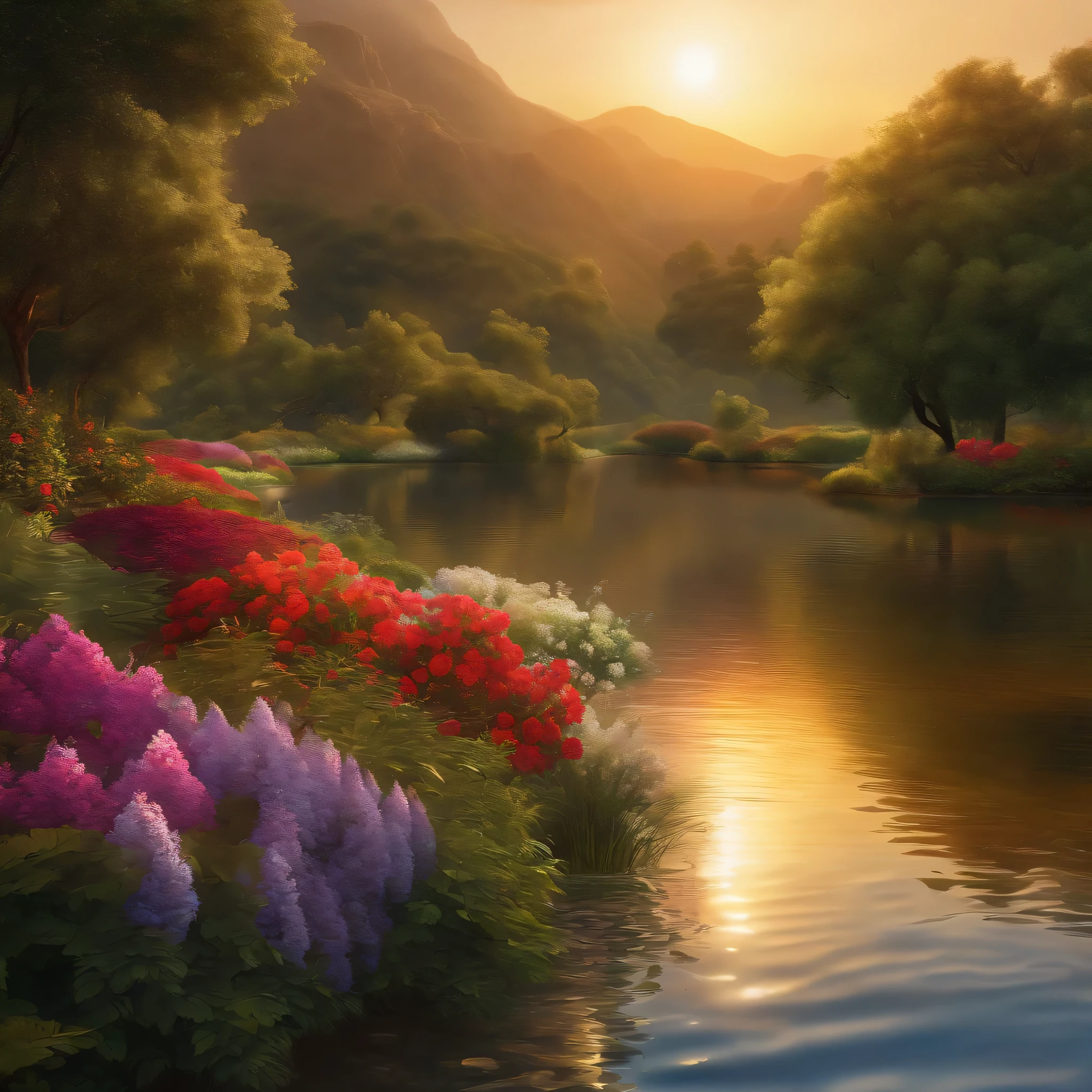 landscape, flowers, bushing, water,(Extremely detailed CG unified 8K wallpaper), 世界上最美丽的Art品, Professional majestic oil painting, complicated, High resolution, sharp focus, dramatic, lifelike, Art, surreal