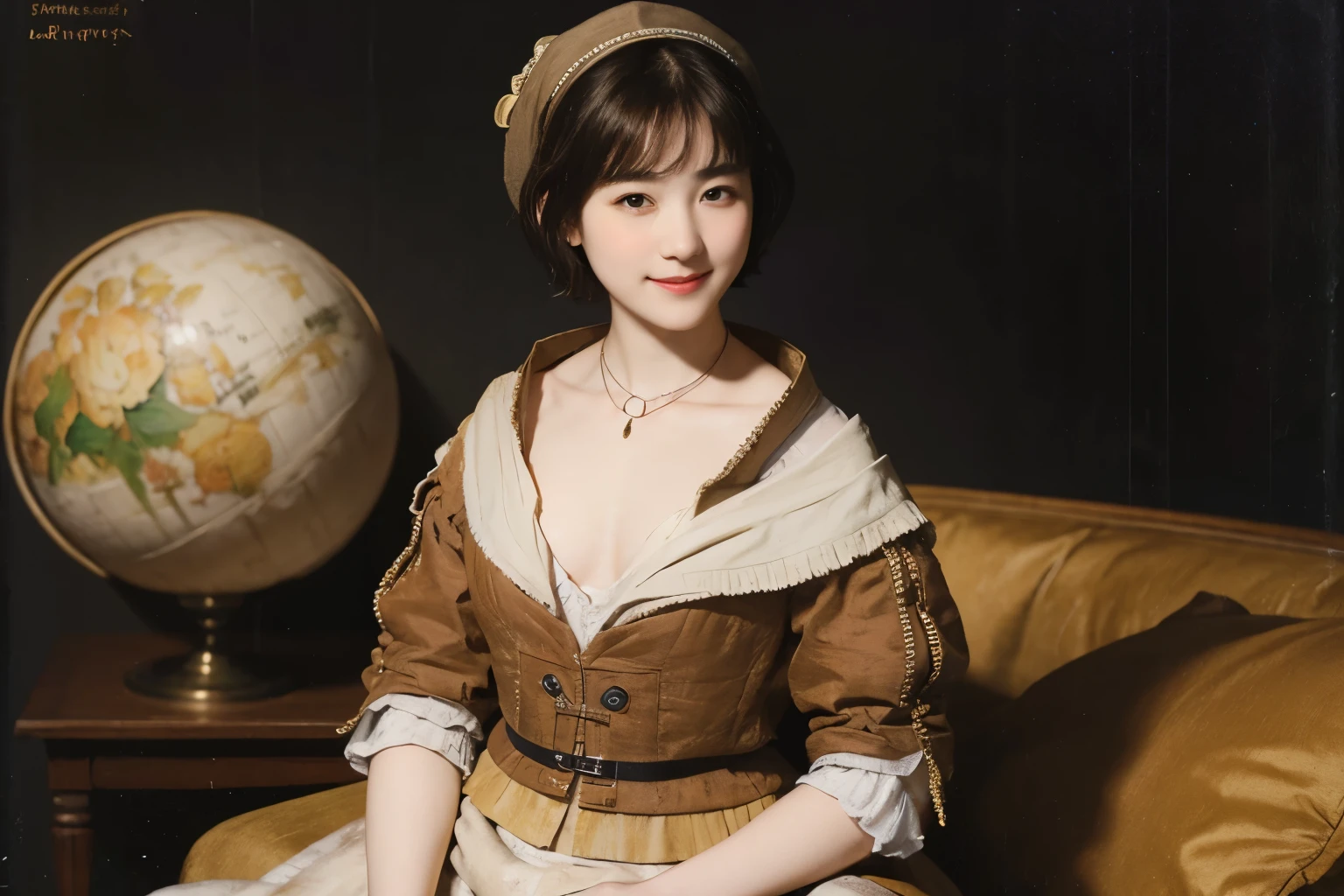 185 short hair, 20 year old female, gentle smile, (rembrandt style painting), (chest:1.46), long skirt