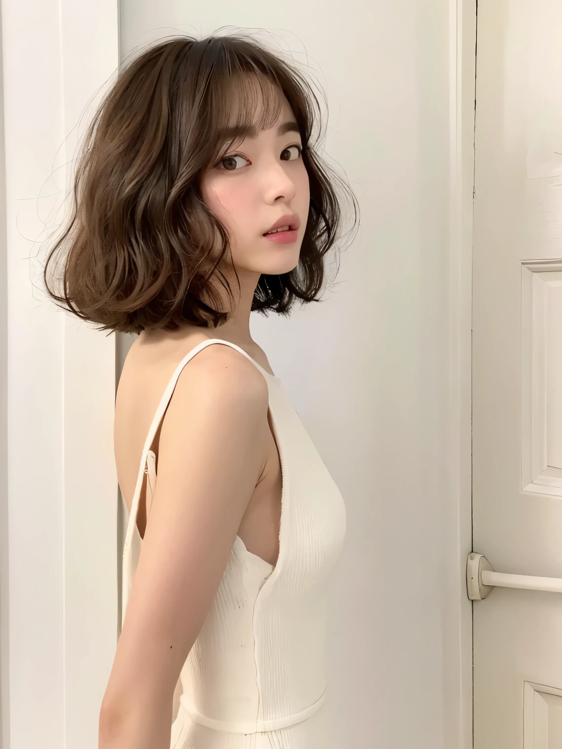 (white wall in the background、Taken in front of the white door:1.4)、table top、((highest quality、8K、masterpiece:1.3))、ultra high resolution、(photogenuineistic:1.4)、Raw photo、Japanese,(face)、genuine、Photographed in natural light、Highly detailed face and skin texture、highly detailed lips、correct state of the human body、shortcut、very short hair、straight hair、back view、bob、fluffy hair