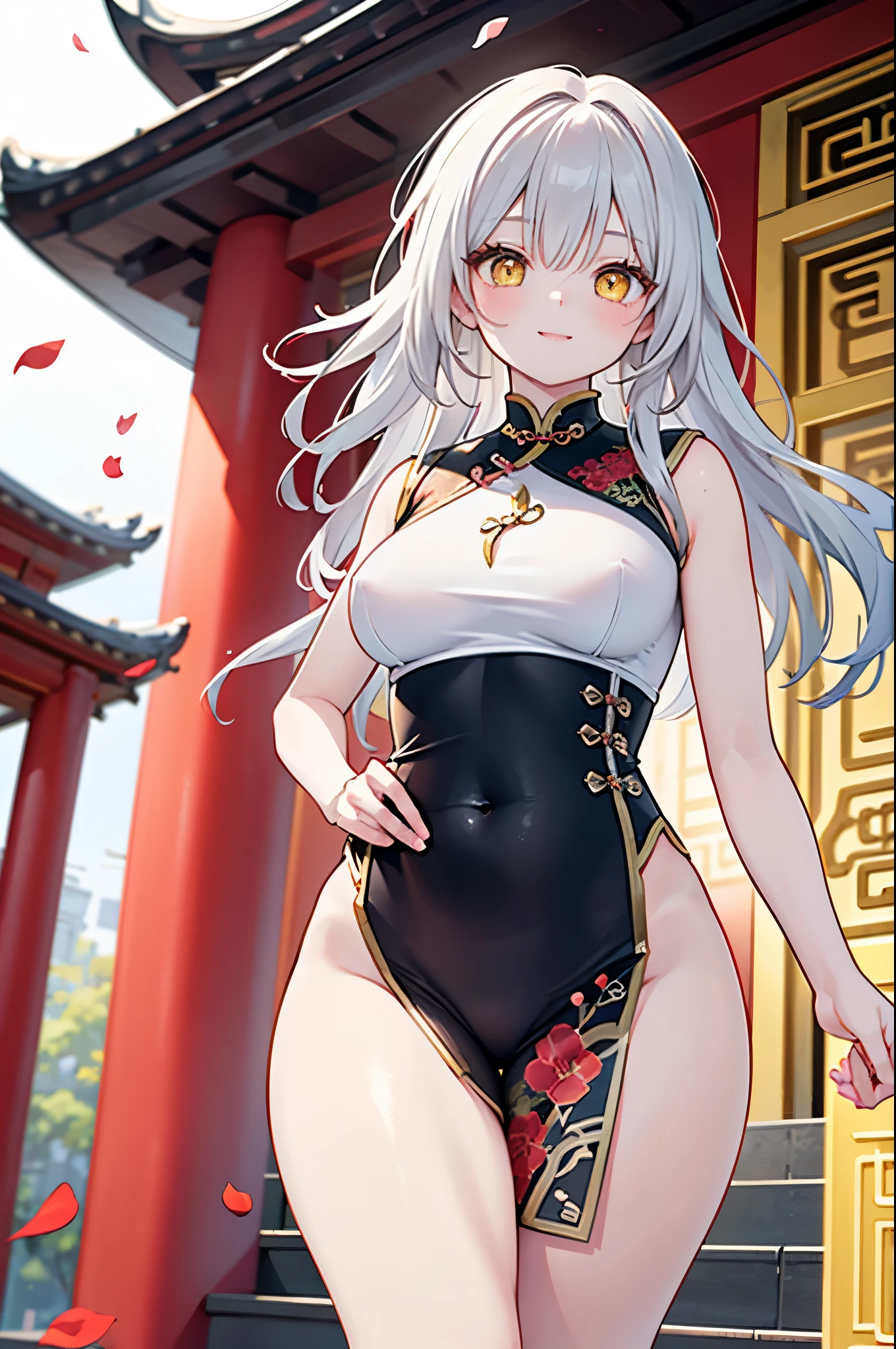 realistic image, coherent image, detailed image, 1 beautiful girl. She has silver hair, long hair. Yellow eyes, long eyelashes. Her face is oval and delicate. Smiling. She wears a red Cheongsam, side slits. She has a curvy body, medium breasts and thick thighs. Chinese temple, flower petals falling around. ambient light, volumetric light,