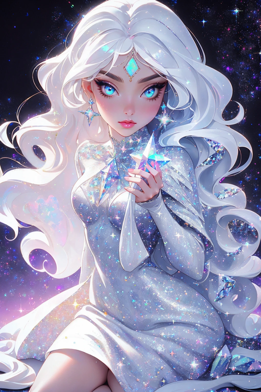 {-erro_de_anatomia:1.0} masterpiece, highest quality, (perfect face:1.1, (high detail)1.1, sweet stardust vampire , long soft white hair, opal eyes, perfectly drawn face, black dress, stars detailed background, prismatic lighting, glitter, whole bod., Very sexy, kneeling holding a crystal star in her hands