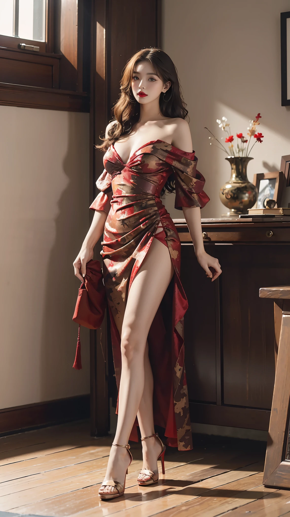highest quality,masterpiece,ultra high resolution,(actual:1.4),original photo,ultra high resolution,8K,there is a woman,Fair skin,exquisite makeup,big waves of red lips,camouflage dress,high heels,long legs,bright and beautiful,Fancy makeup with red eyeshadow,slender woman,