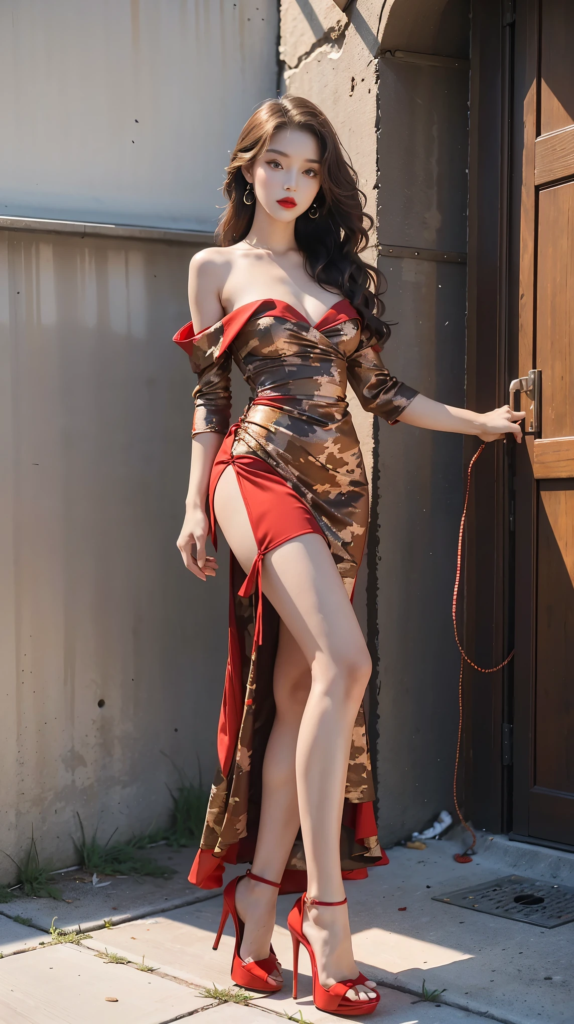 highest quality,masterpiece,ultra high resolution,(actual:1.4),original photo,ultra high resolution,8K,there is a woman,Fair skin,exquisite makeup,big waves of red lips,camouflage dress,high heels,long legs,bright and beautiful,Fancy makeup with red eyeshadow,slender woman,