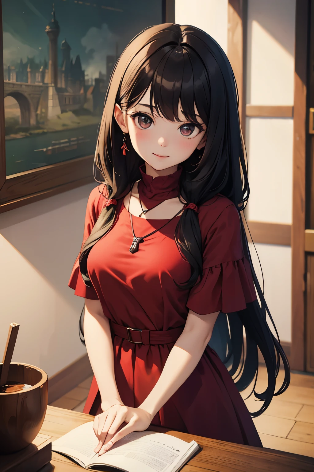 1girl, by kayahara, smile, long hair, dark dress, upper body,  red pendant 