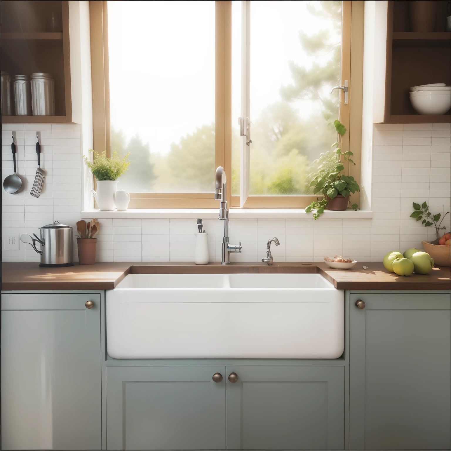 (best quality, ultra-detailed, realistic:1.37), elegant kitchen, unchanged sink, clear lighting, garden outside the window, vivid colors, bokeh, photography