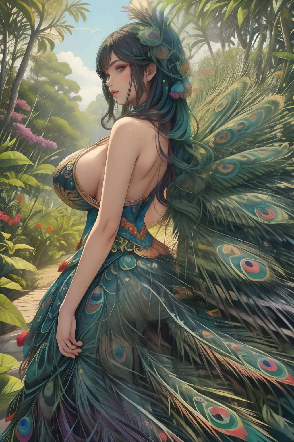 peacock rainbow tail,  (lots of peacock tails), large peacock pattern, gold and blue peacock tail, Brighter, giga_busty