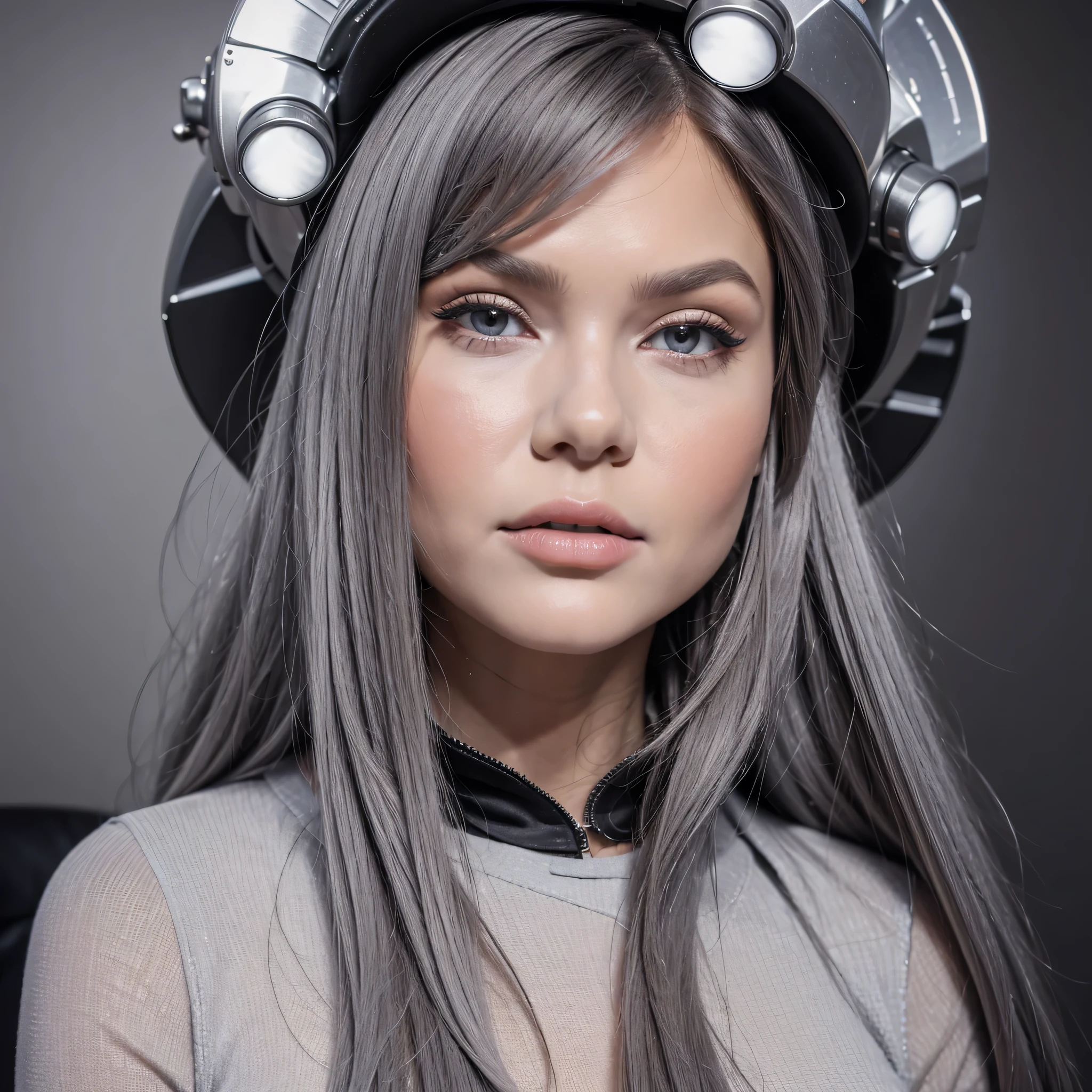 (Realistic painting style:0.9), masterpiece, best quality, absurdres, looking at viewer, solo, (grey babydol:1.5), bronya zaychik, red pupils, large breasts, long hair, grey hair, bangs, grey eyes, earrings, drill hair, hair between eyes, hair ornament, (babydoll:1.3), see-through, bed, expressionless