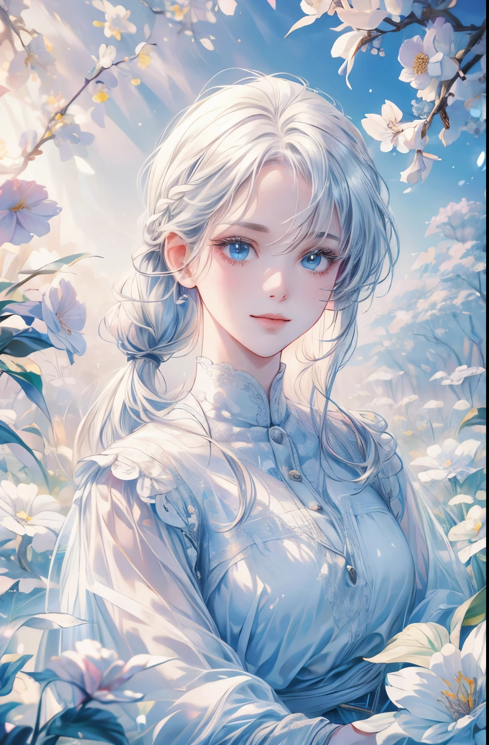 (best quality,4k,8k,highres,masterpiece:1.2),ultra-detailed,realistic,white hair,blue eyes,white clothes,upper body,hair,fair skin,side braid,Large garden, blooming flowers,soft sunlight,peaceful atmosphere,gentle breeze,vibrant colors,subtle shadows,serene expression,joyful smile,relaxed posture,dreamy background