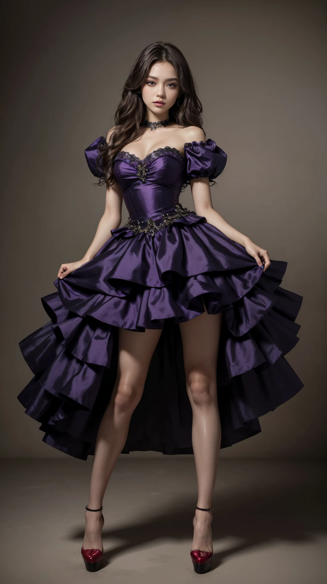 highest quality,masterpiece,ultra high resolution,(actual:1.4),original photo,ultra high resolution，8K，there is a woman，Fair skin，big waveedium purple and cool black collaboration dress:1.5，high heels，long legs:1.5，bright and beautiful，high waist，Fancy makeup with red eyeshadow，