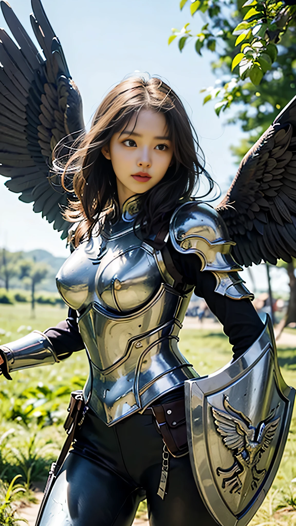 strong angel with heavenly armor, with shield sword, seven wings, ready for battle