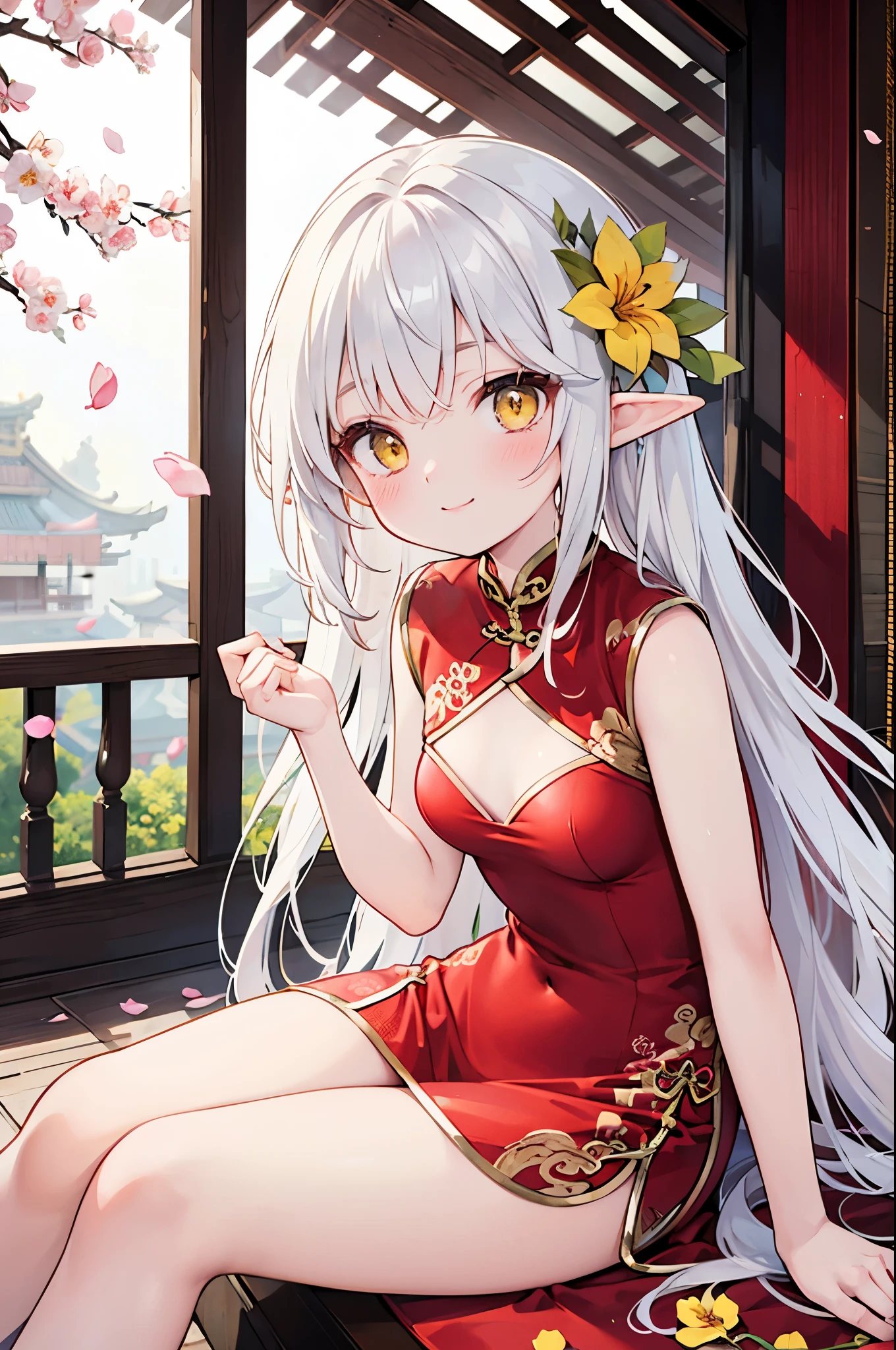 realistic image, coherent image, detailed image, 1 beautiful elf. She has silver hair, long hair. Yellow eyes, long eyelashes. Her face is oval and delicate. Smiling. She wears a red Cheongsam, side slits. She has a curvy body, small breasts and thick thighs. sitting, Chinese temple, flower petals falling around. ambient light, volumetric light,
