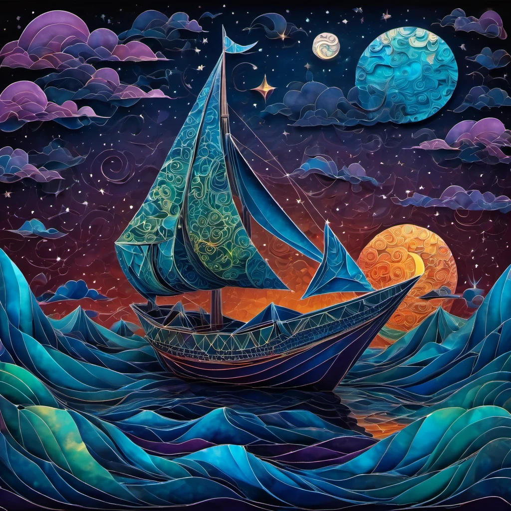 (best quality, highres, ultra sharp), magical reflections on the water, moon, clouds, small ship, about the curvature of space time, origami sea, zentangle lines, art decostyle ship, full colored, 3d crunch, dark tones,