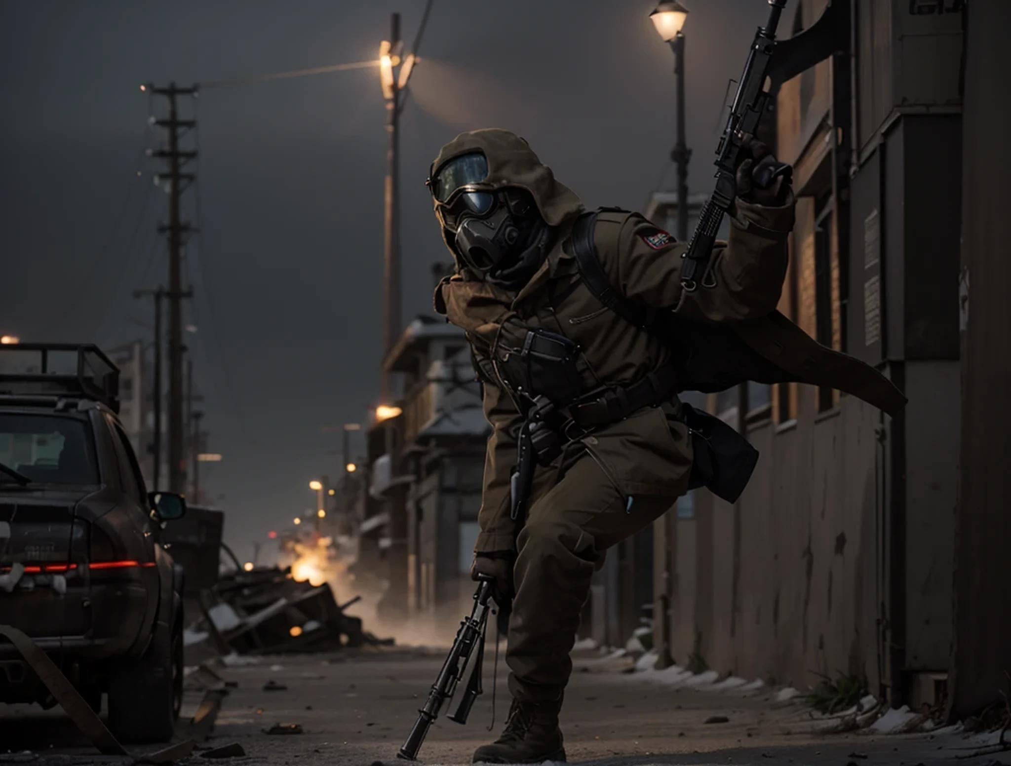 male soldier running, tactical gas mask, ushanka hat, metal shoulder pads, brown Soviet style military uniform with red details, long winter trench coat, belts with ammunition, black leather gloves, carries a Soviet style assault rifle, is on a battlefield in a post-apocalyptic city, explosions, a lot of fire, dead soldiers, ultra detailed, hyper realistic, 4k, ultra detailed image, realistic, highly detailed, perfect composition, splendid, intricately detailed, incredibly detailed, Artistic photography in 8K, hyper detailed, Masterpiece