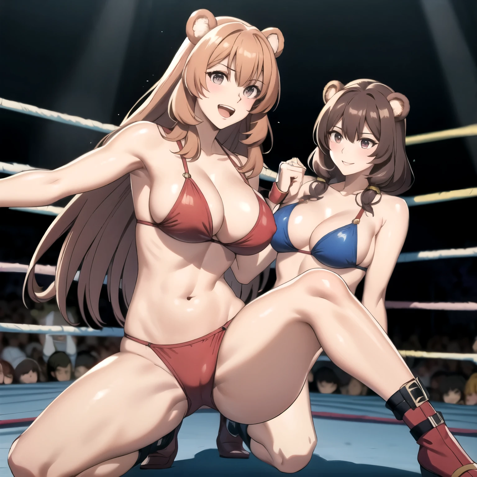 Raphtalia. beautiful woman 25 years old bear ears, cabello naranjo . ojos rojos detallados alta calidad. piel clara brillante. sonrisa mostrando los dientes, rubor , pechos grandes, bikini rosado, , botas rosadas, de lucha libre esta de pie sobe un ring de lucha libre .wrestling. iluminado por luces publico alrededor. ring de wrestling, pechos grandes. esta sola