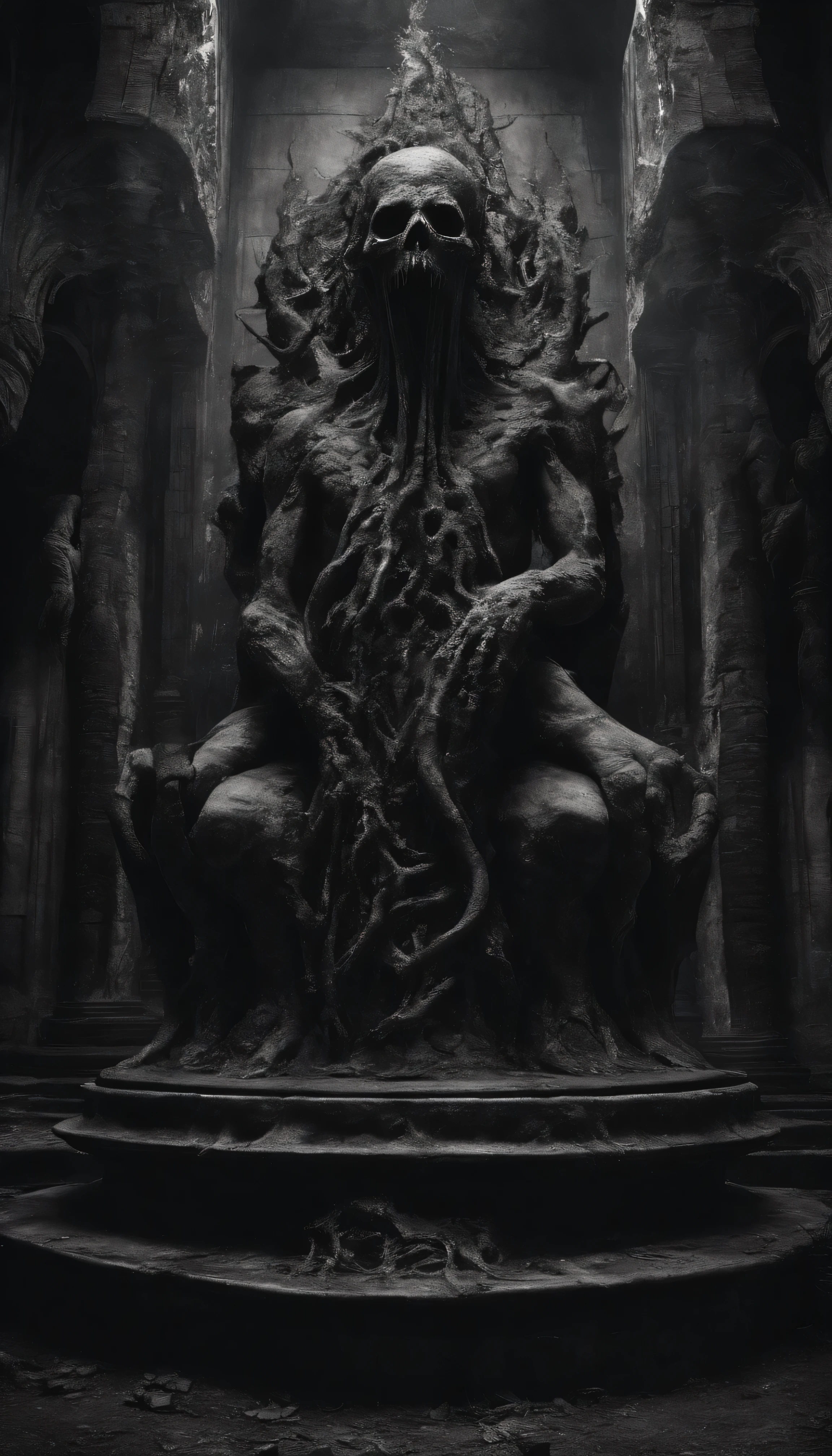 (Best quality,4K,8K,A high resolution,Masterpiece:1.2),Ultra-detailed,(Realistic,Photorealistic,photo-realistic:1.37),Horror,mito,h.p. Lovecraft,vintagestyle,Ominous color,Dark atmosphere,Detailed sculptures,Ancient ruins,Surreal,Eldridge Bio,Intense lighting,abyssal,horrid,cosmic horror,Cultists of worship,Distorted reality,Ominous light,Lost city,Lovecraftian evil,Terrible gods,Grotesque statues,Pulsating tentacles,Eldridge abomination,Ancient Civilizations,Worship rituals,Suspenseful atmosphere,Ominous Shadows,Otherworldly dimensions,Forbidden knowledge,Impenetrable darkness,creepy art,mystic symbols,Horrible nightmares,Latent terror,Admirers in trance,Crazy state,Nightmarish visions