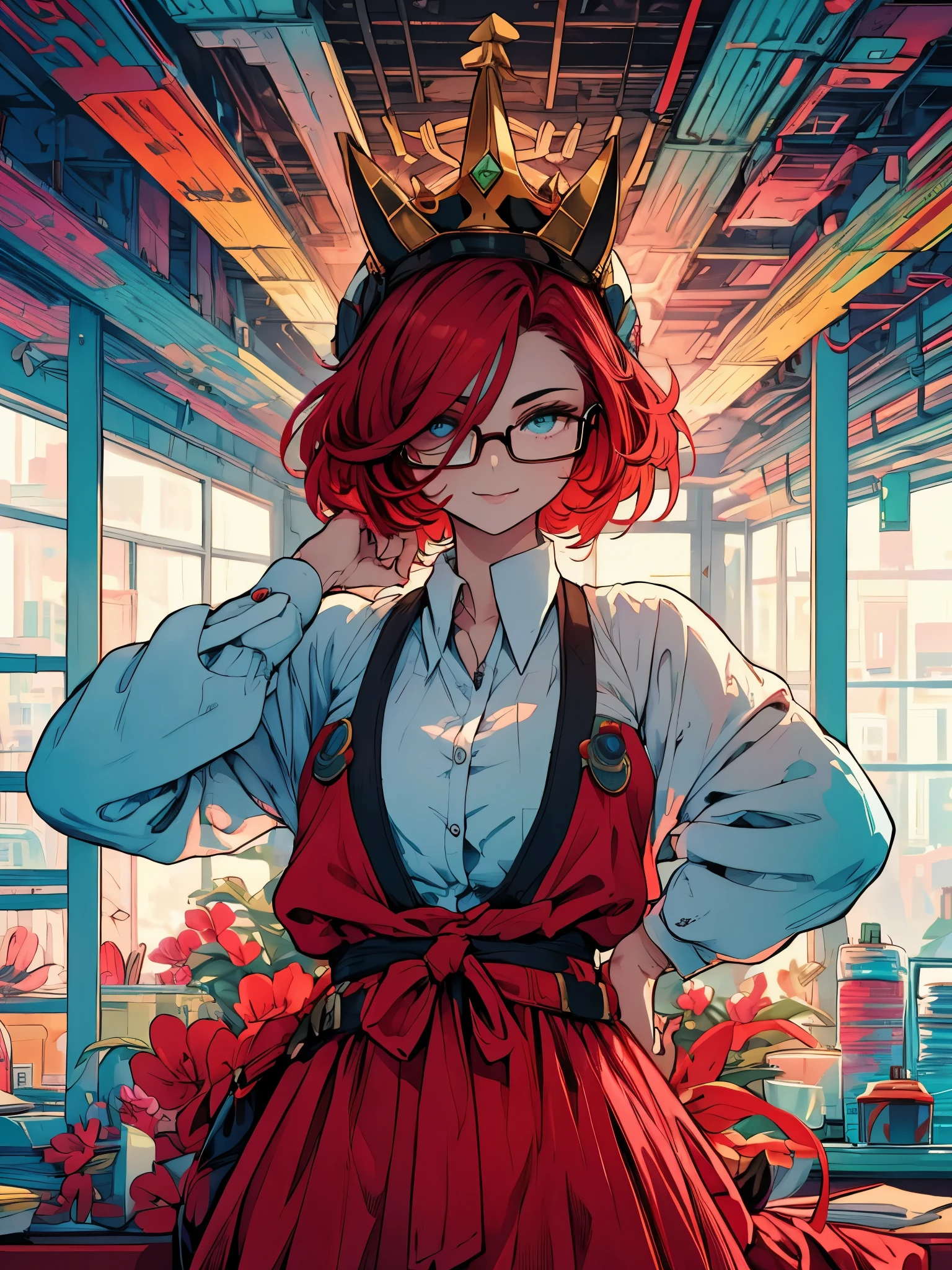 ((obra de arte, Melhor qualidade)), Aston Machan (umamusume),, Sorriso, Seios grandes, tronco, , mangas compridas, camisa branca, babados, Saia verde, button, coxas pretas, suspender, , glasses, glasses com armação vermelha, red hat crown, , olhos loucos, olho brilhante, ,