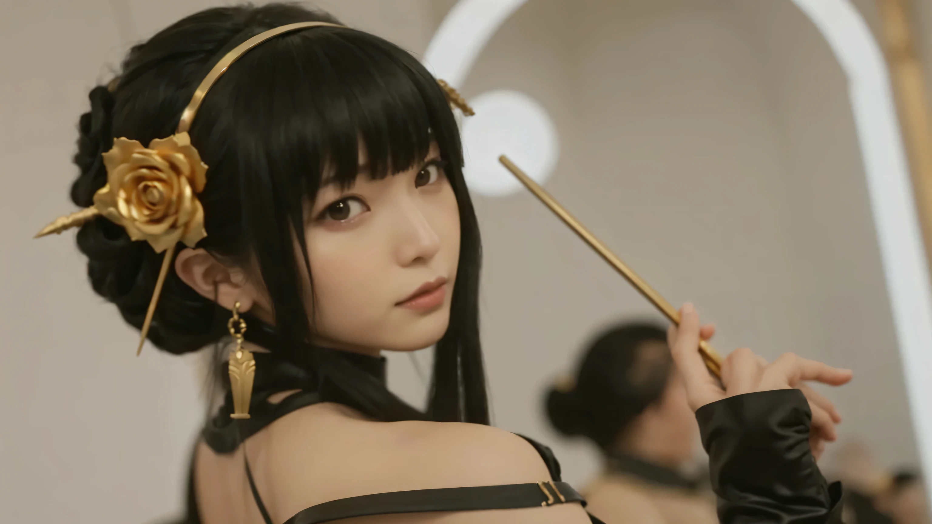 alone,best image quality,There is a woman holding a cane-like weapon in her right hand.., left hand goes down,cosplay, real girl, Japanese,Beautiful woman,cosplay,photograph,8K, skin texture,black hair,Spy x Family,Yol Forger,Black combat uniform,shoulder exposure,sexy,golden rose headband,cityscape at night