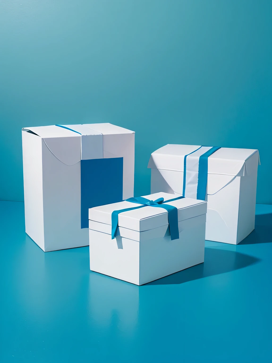 crea una imagen estilo dibujo artistico con tono azules y blancos y que en la escena hayan cajas flotando con producto adentro