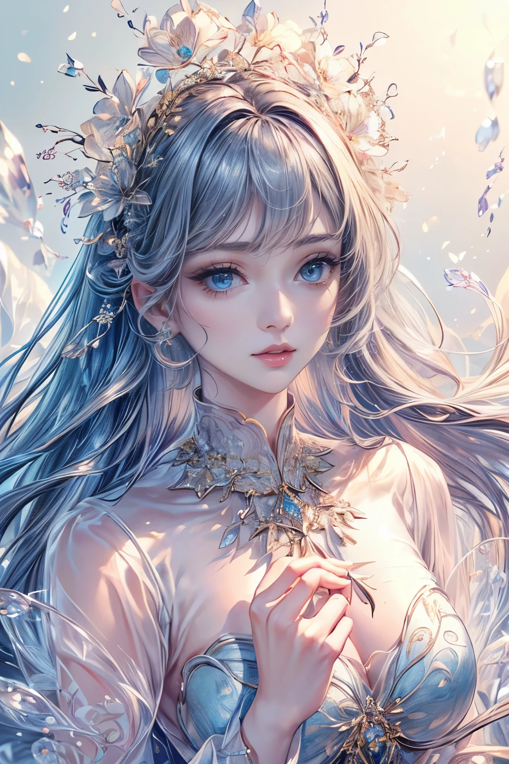 (best quality,8k,CG,beautiful detailed upper body,,thumb girl,sheer court dress,floral background,complex facial features,flowing long hair,almond-shaped eyes,exquisite eye makeup,fluttering long eyelashes,big blinking eyes,starry sky,exquisite lip details,soft-style)