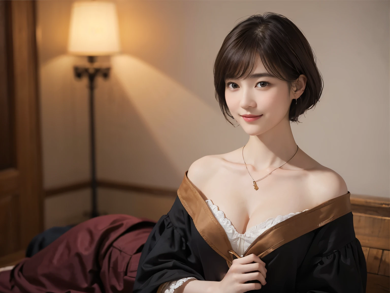 185 short hair, 20 year old female, gentle smile, (rembrandt style painting), (chest:1.46), long skirt
