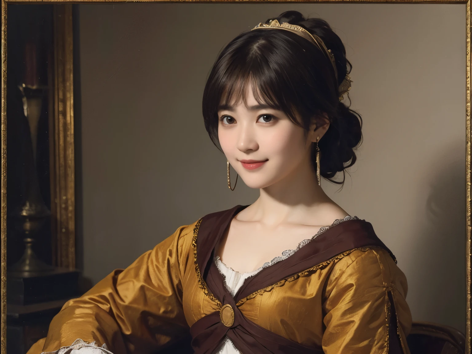 185 short hair, 20 year old female, gentle smile, (rembrandt style painting), (chest:1.46), long skirt