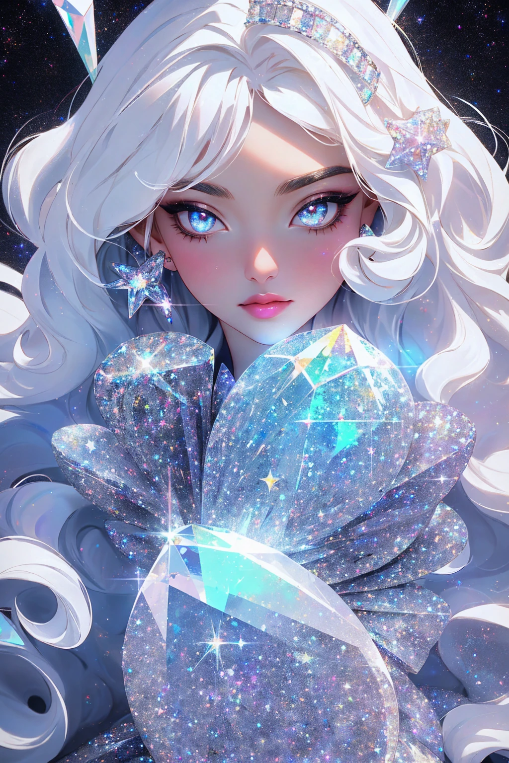 {-erro_de_anatomia:1.0} masterpiece, highest quality, (perfect face:1.1, (high detail)1.1, sweet stardust vampire , long soft white hair, opal eyes, perfectly drawn face, black dress, stars detailed background, prismatic lighting, glitter, whole bod., Very sexy, kneeling holding a crystal star in her hands