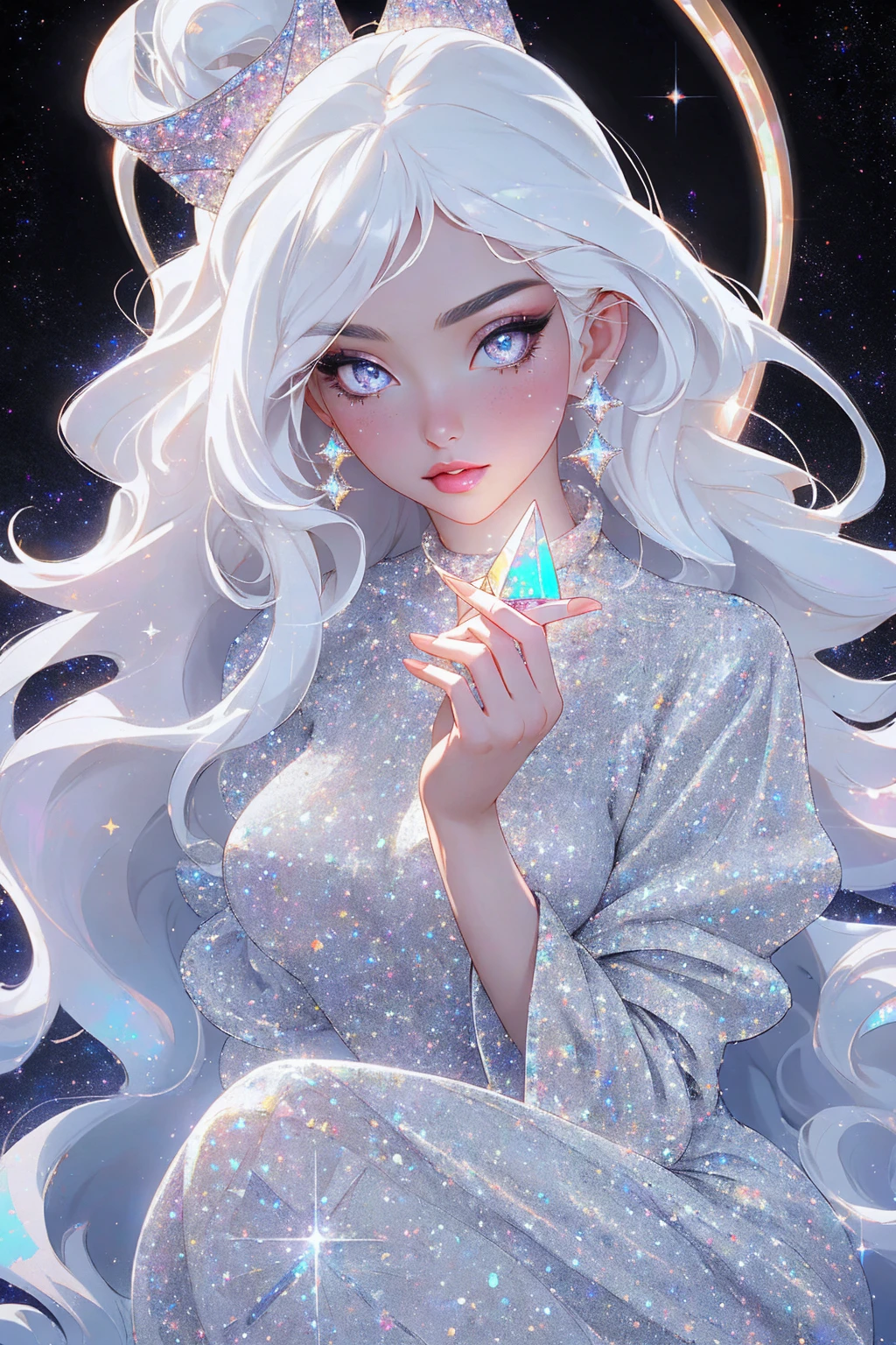{-erro_de_anatomia:1.0} masterpiece, highest quality, (perfect face:1.1, (high detail)1.1, sweet stardust vampire , long soft white hair, opal eyes, perfectly drawn face, black dress, stars detailed background, prismatic lighting, glitter, whole bod., Very sexy, kneeling holding a crystal star in her hands