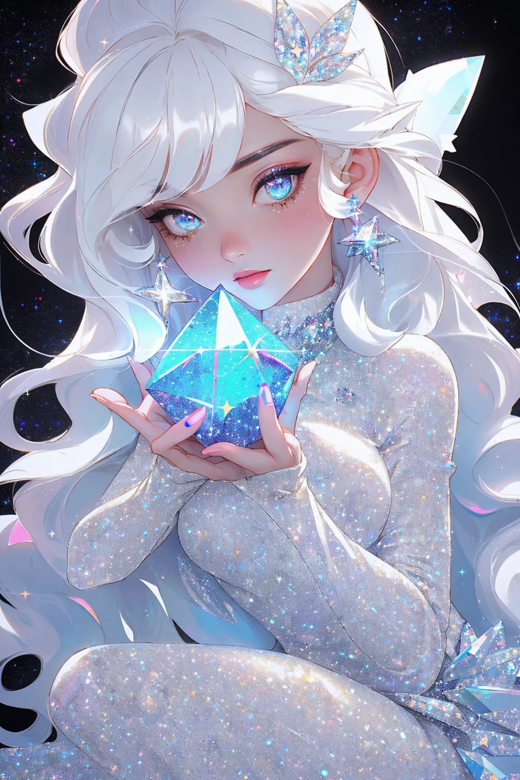 {-erro_de_anatomia:1.0} masterpiece, highest quality, (perfect face:1.1, (high detail)1.1, sweet stardust vampire , long soft white hair, opal eyes, perfectly drawn face, black dress, stars detailed background, prismatic lighting, glitter, whole bod., Very sexy, kneeling holding a crystal star in her hands