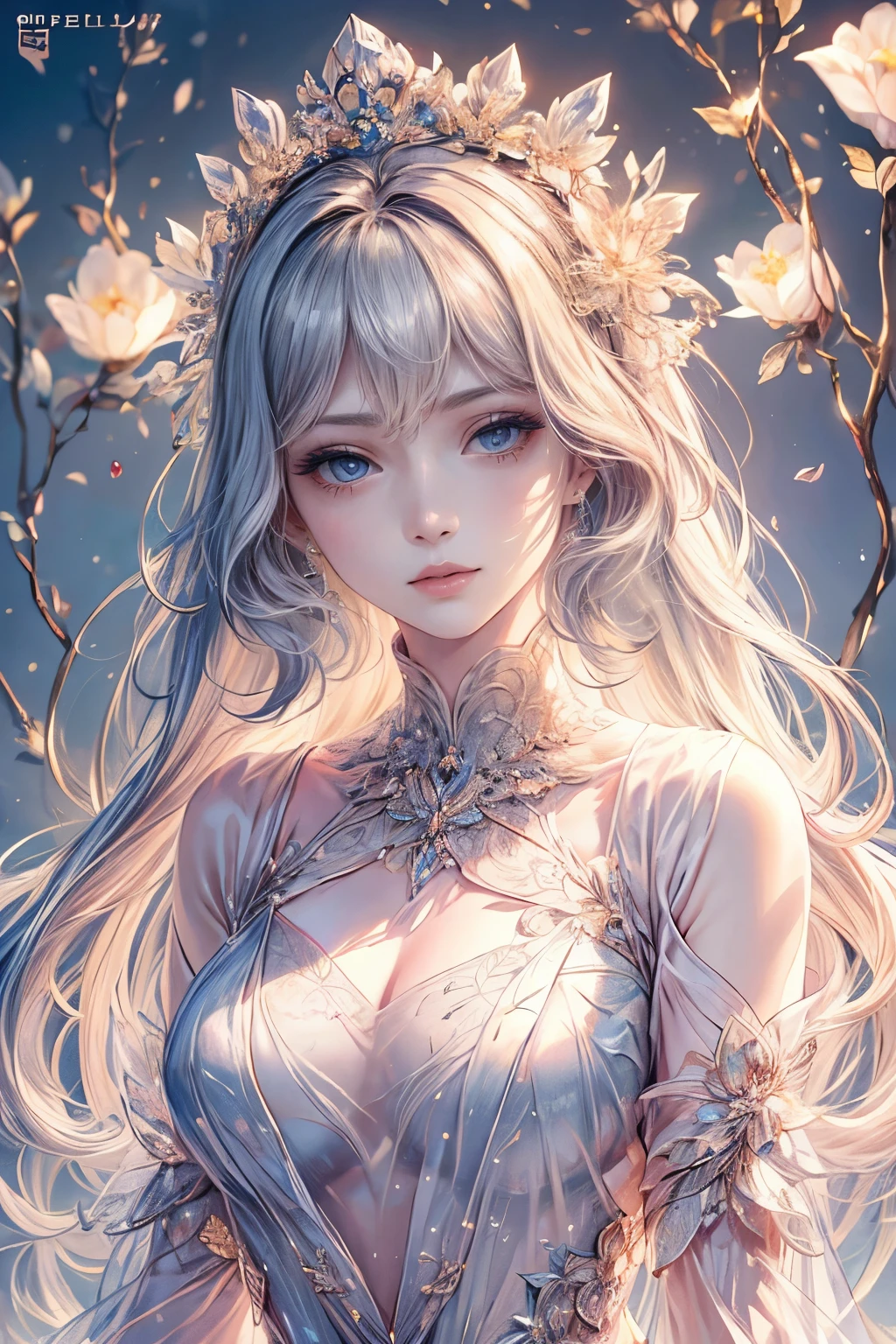 (best quality,8K,CG,beautiful detailed upper body,lonesome,thumb girl,sheer court dress,floral background,intricate facial features,elegant long hair,almond-shaped eyes,exquisite eye makeup,fluttering long eyelashes,big blinking eyes,starlit,delicate lip details,soft style)