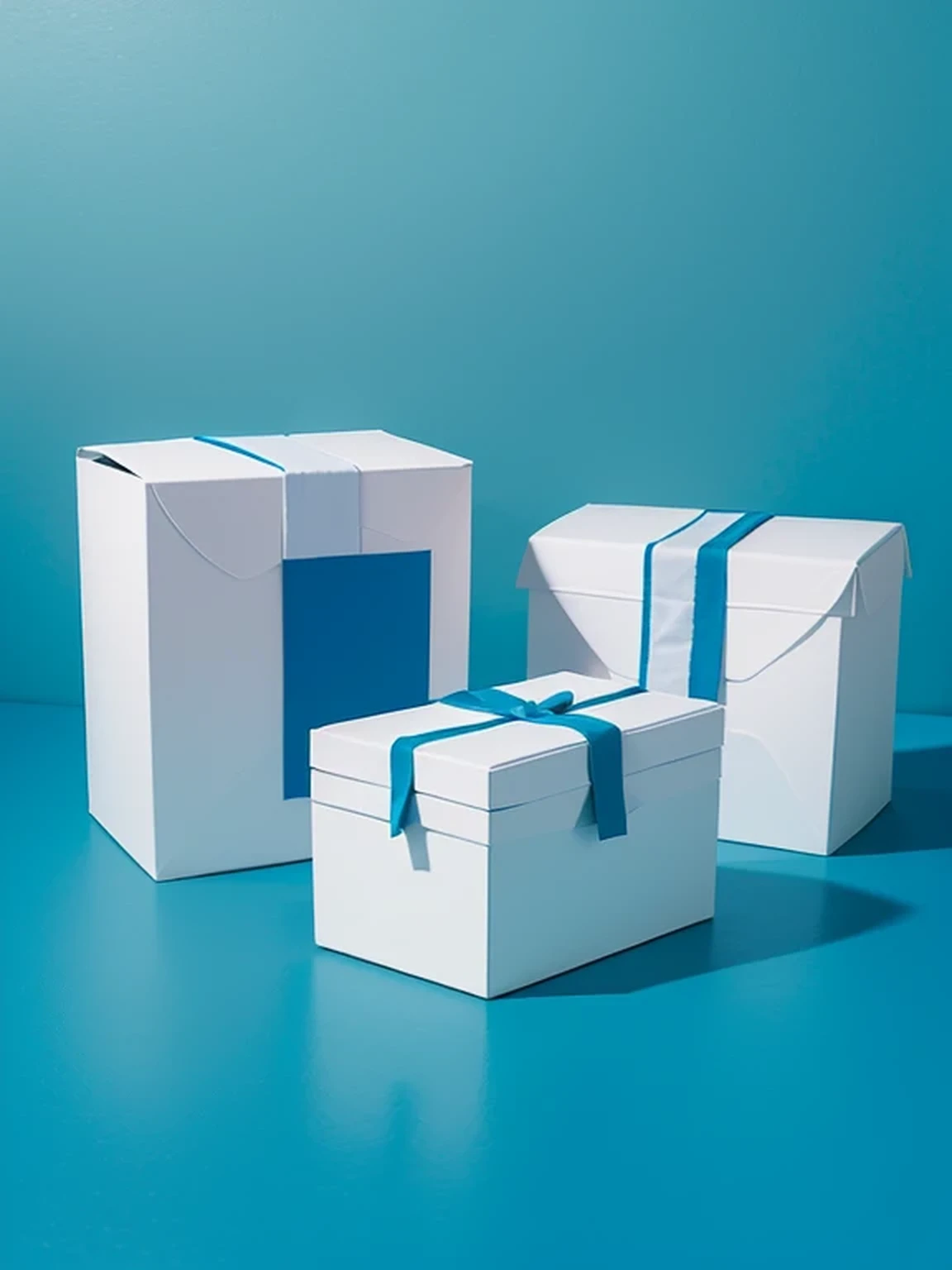 crea una imagen estilo dibujo artistico con tono azules y blancos y que en la escena hayan cajas flotando con producto adentro