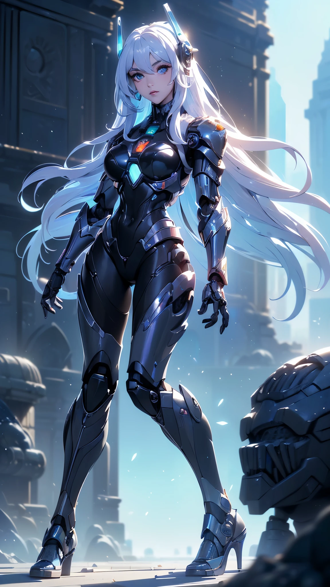 (La mejor calidad,A high resolution,Ultra - detallado,actual),Ariana Grande con un traje futurista y un casco futurista,(ciudad en ruinas Atlantis:1.6) , (White mechanical armor :1.4 ）, (linda chica cyborg:1.4) ,( hermosa chica blanca cyborg:1.4) , chica cyborg, hermosa chica cyborg, cyborg - girl, chica anime cyberpunk mech, mujer cyborg anime perfecta, cyborg - girl with silver hair, girl with mecha cybernetic armor, Arte digital del anime cyberpunk,( ross tran 8 k) , perfect android girl, More detailed 8K.motor irreal:1.4,HD,La mejor calidad:1.4, fotorrealista:1.4, textura de la piel:1.4, obra maestra:1.8,obra maestra, mejor calidad,objeto Objeto], (cara detallada features:1.3),(Las proporciones correctas),(Ojos hermosos azules:1.4 ),  (pose vaquero), (fondo ciudad futuristic 2080s :1.4), (fondo laboratorio Tokio :1.4), (mechanical armor panties white lingerie :1.4 ）,( fondo piedras grandes negro :1.4), (cara detallada), (mechanical armor white transparent glass :1.4 ）