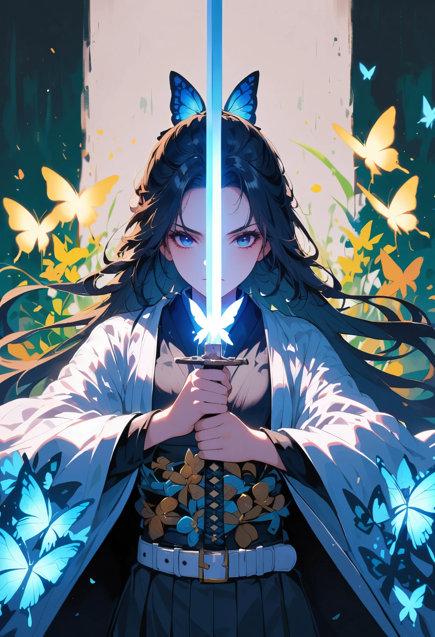 swordsman,1 girl,animal,animal print,belt,belt Buckle up,black hair,blue Butterfly,Buckle up,loopholes,Butterfly,Butterfly hair accessories,Butterfly on hand,Butterfly print,forehead,glowing Butterfly,gradient hair,hair accessories,Haori,Keep,Keep sword,Keep arms,japanese clothes,Samurai sword,Section Chief Ren,long hair,long sleeve,petal,alone,sword,arms,white belt,white Butterfly,wide sleeves,yellow Butterfly,Keep sword with both hands,sword focus