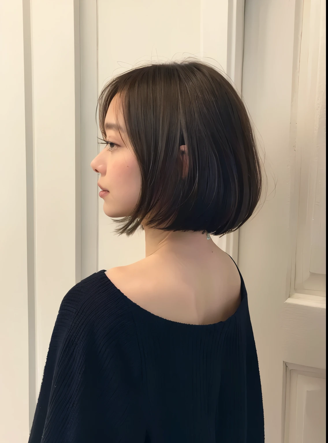 (white wall in the background、Taken in front of the white door:1.4)、table top、((highest quality、8K、masterpiece:1.3))、ultra high resolution、(photogenuineistic:1.4)、Raw photo、Japanese,(face)、genuine、Photographed in natural light、Highly detailed face and skin texture、highly detailed lips、correct state of the human body、shortcut、very short hair、straight hair、back view、bob